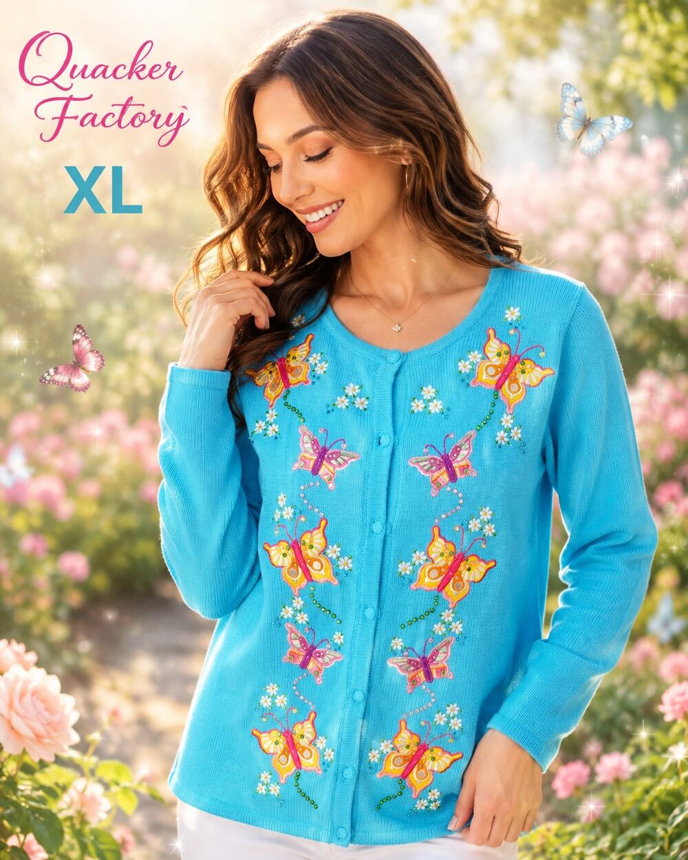 Quacker Factory Light Up Butterfly Cardigan XL Blue Embellished Sweater
